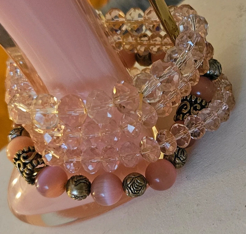 Pulseras cuarzo rosa y dorado
