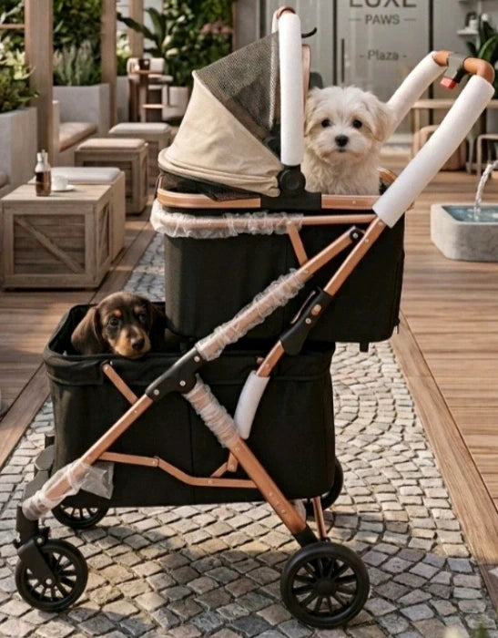 Carrito Cochecito Mascotas Doble Negro/Oro