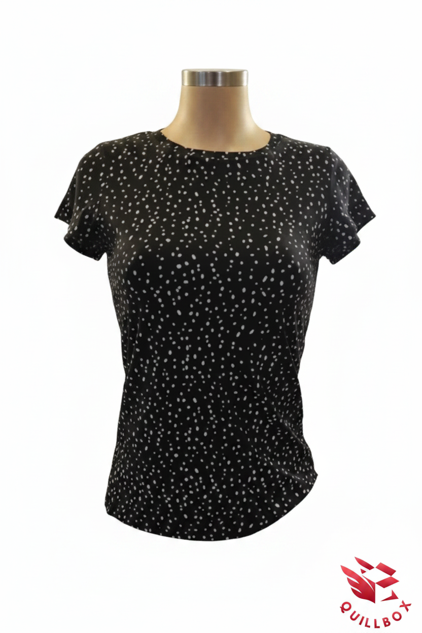 Women's black short-sleeved t-shirt with white polka dots