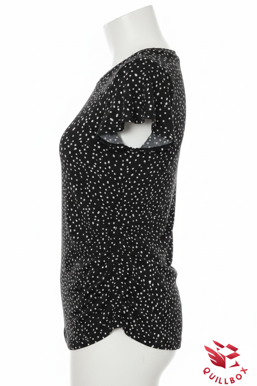 Women's black short-sleeved t-shirt with white polka dots