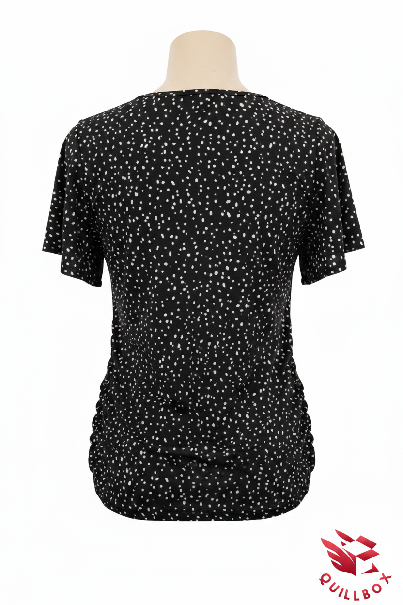 Women's black short-sleeved t-shirt with white polka dots