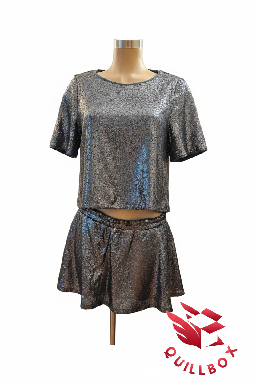 Conjunto top y falda lentejuelas plata