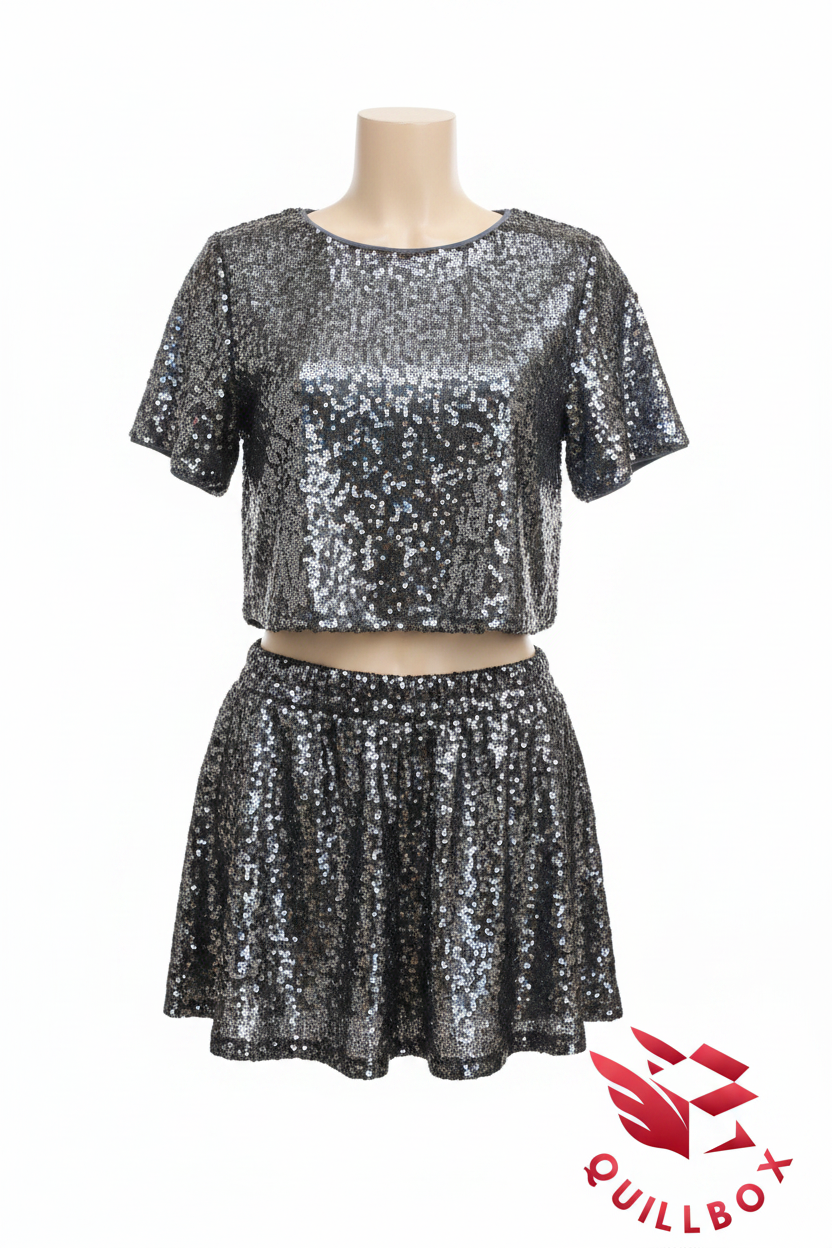 Conjunto top y falda lentejuelas plata