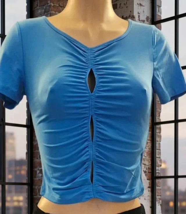Ruched short-sleeved blue top