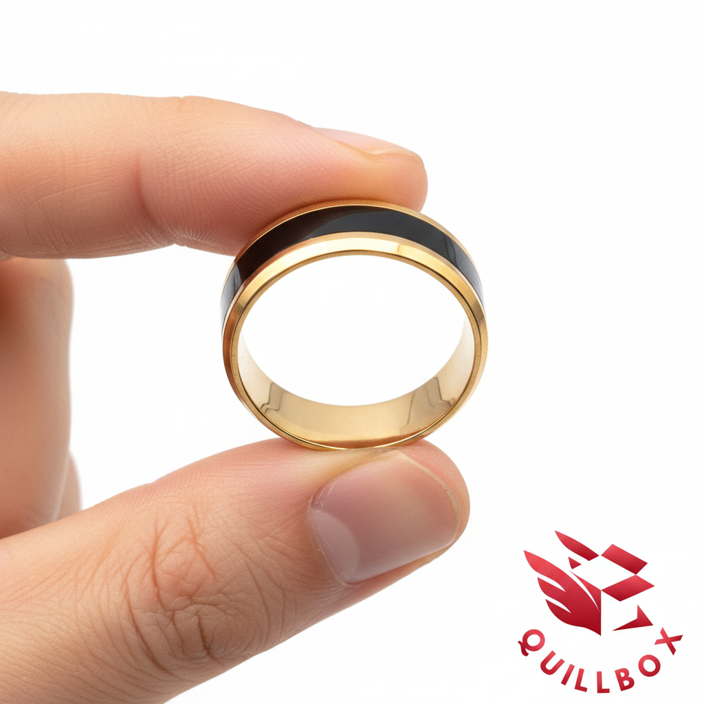 Anillo dorado banda negra ónix - detalle perfil acabado
