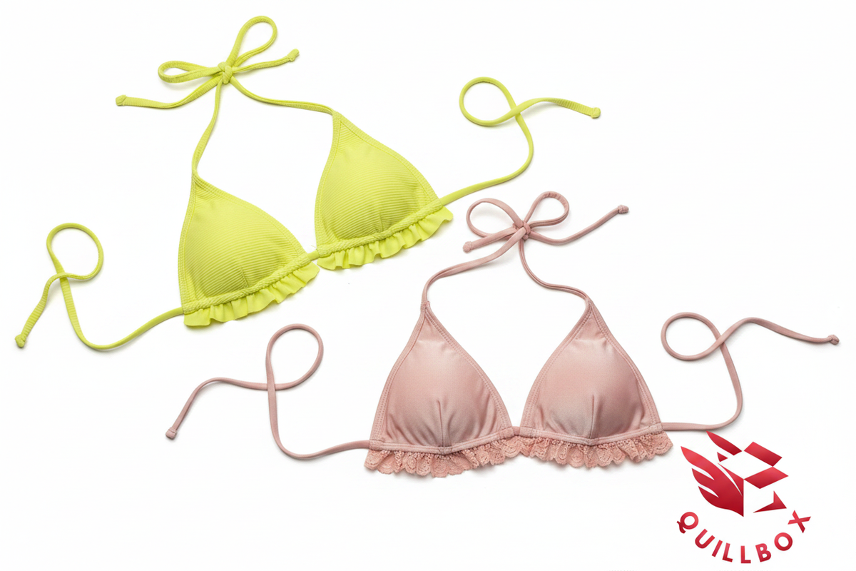 Pack 2 tops bikini triángulo amarillo ribbed y rosa palo con volante