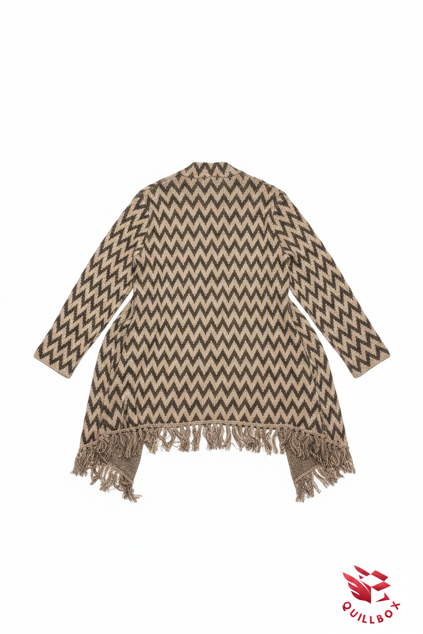 Cardigan wrap zigzag beige marrón con flecos - vista trasera