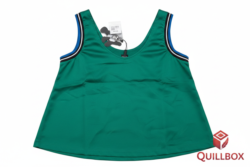 Top verde esmeralda con etiqueta - vista frontal ribete tricolor