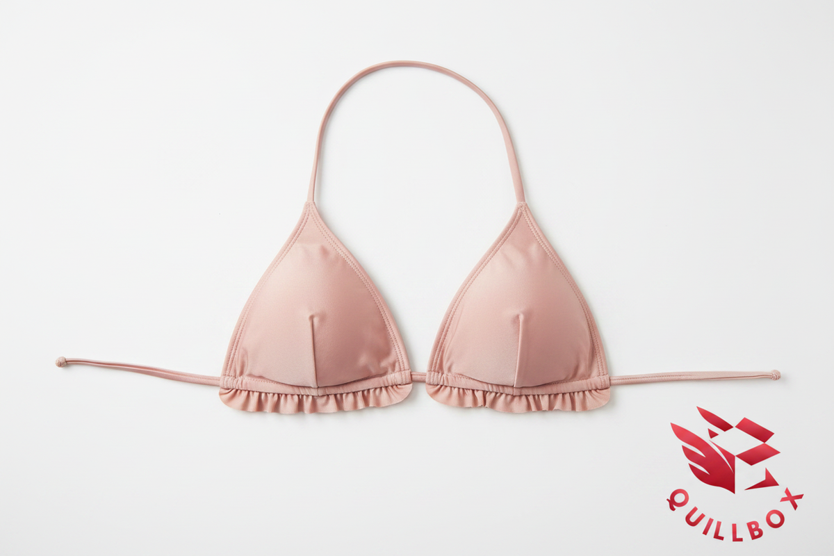 Top bikini triángulo rosa palo con volante y tiras - vista frontal