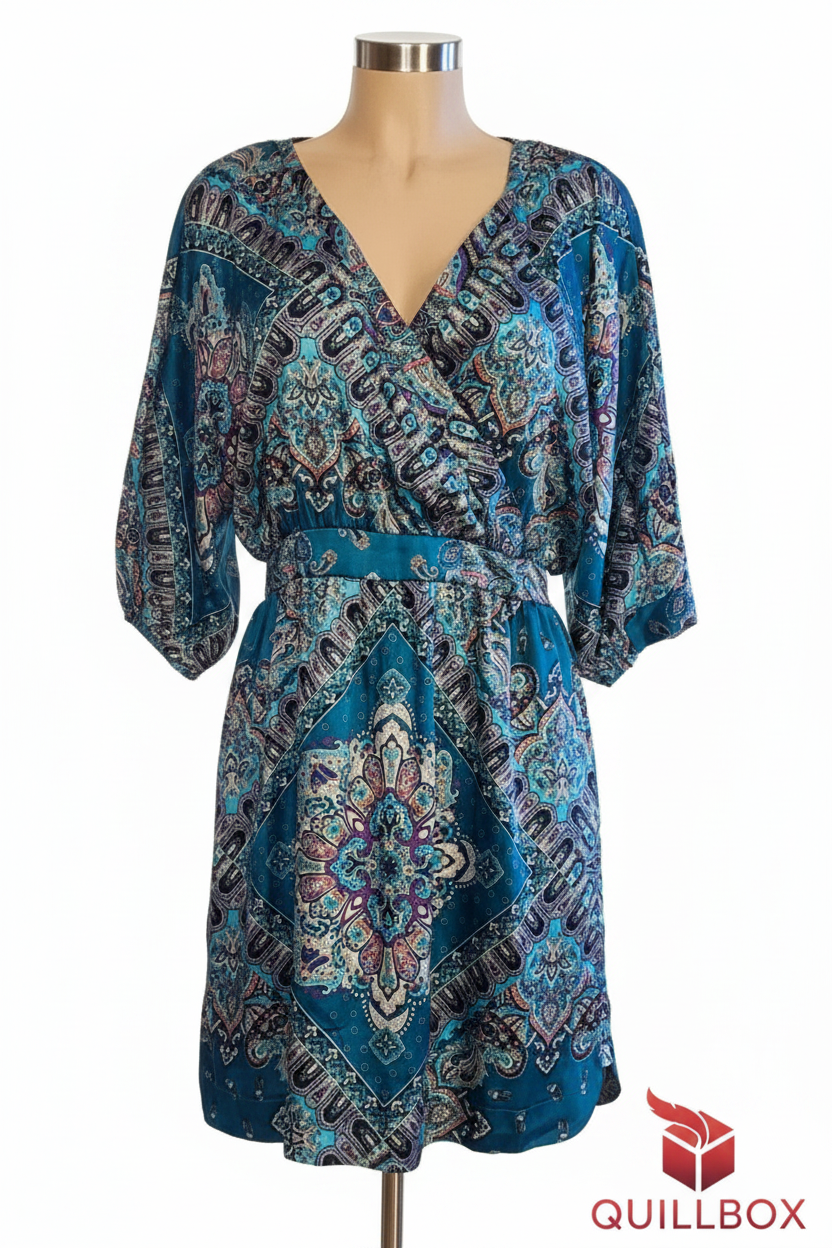 Vestido cruzado paisley teal - vista frontal maniquí escote V y cintura elástica