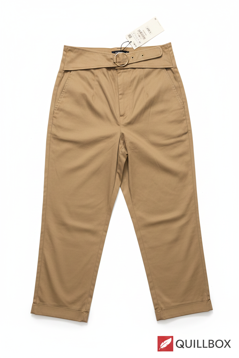 Pantalón camel Zara TRF Collection - vista frontal con cinturón argolla dorada