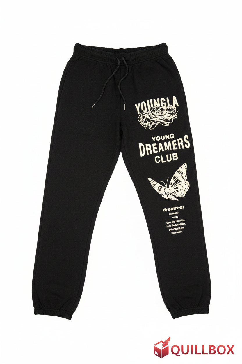 Jogger negro YoungLA Young Dreamers Club - vista frontal print mariposa y rosas