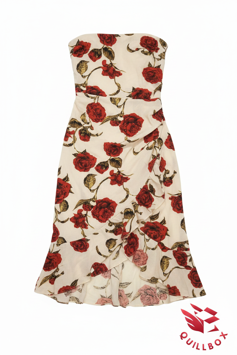 Vestido rosas rojas - detalle falda y volante inferior asimétrico