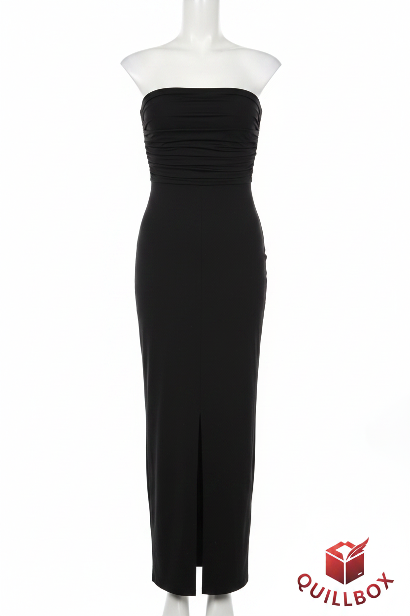 Vestido negro ZARA strapless maxi ruche escote - vista frontal con abertura