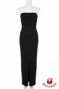Vestido negro ZARA strapless maxi ruche escote - vista frontal con abertura