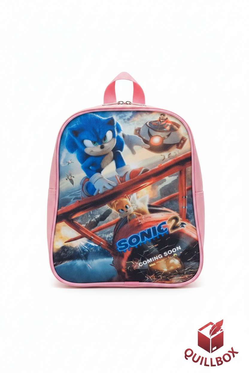 Mochila infantil rosa Sonic 2 Coming Soon - vista frontal print sublimación