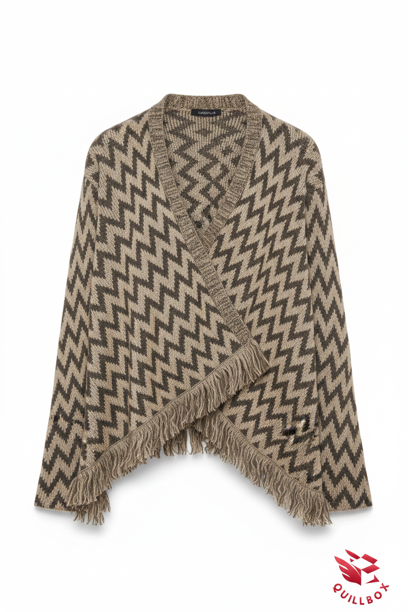 Cardigan wrap zigzag beige marrón con flecos - detalle escote