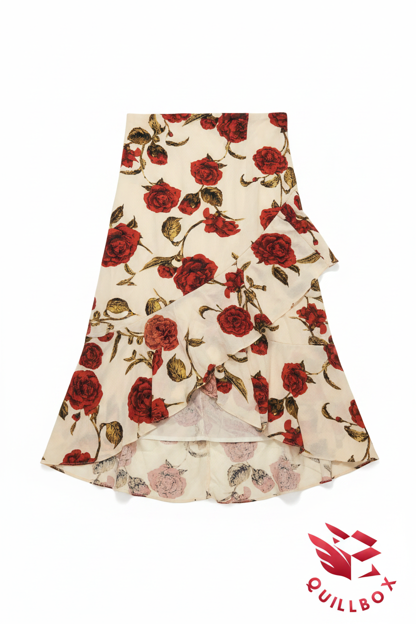 Vestido rosas rojas - detalle dobladillo asimétrico con frunce
