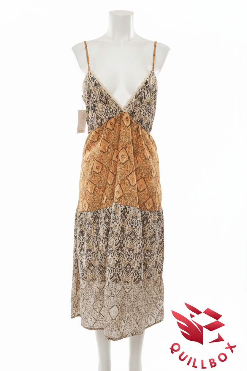 Vestido midi boho étnico ocre crema - vista frontal escote V encaje dos capas