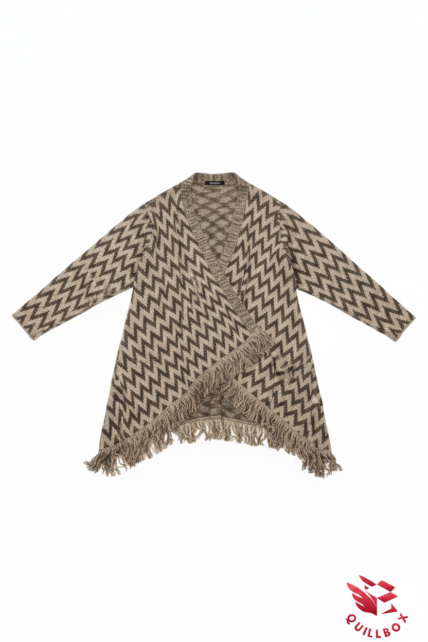 Cardigan wrap zigzag beige marrón con flecos - vista completa