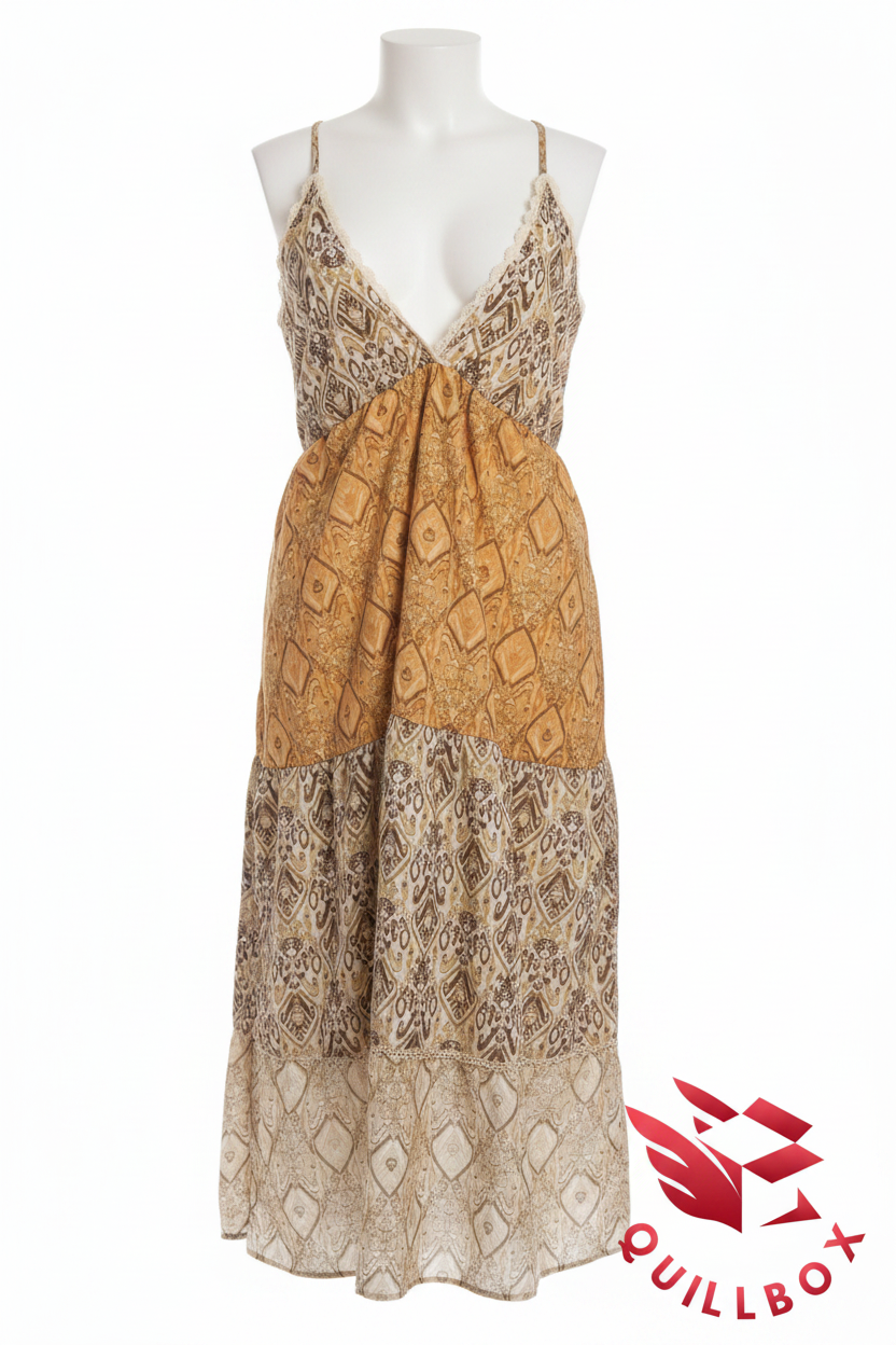 Vestido boho étnico patchwork ocre - vista frontal detalle print