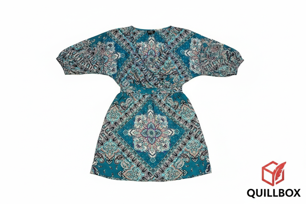 Vestido cruzado paisley teal - flat lay frontal estampado completo