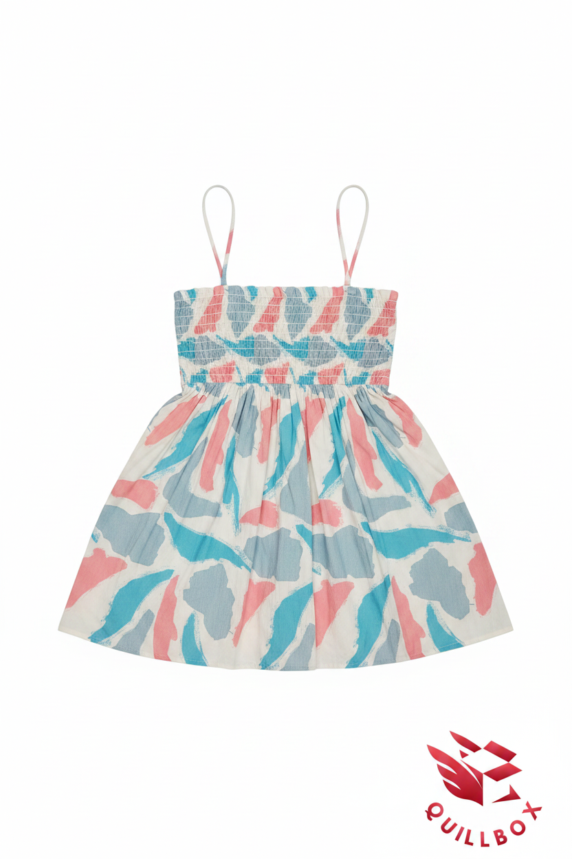 Vestido mini pinceladas turquesa rosa - vista frontal completa smocking falda amplia