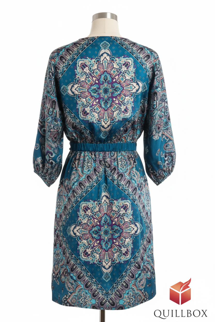 Vestido cruzado paisley teal - vista trasera maniquí medalón central
