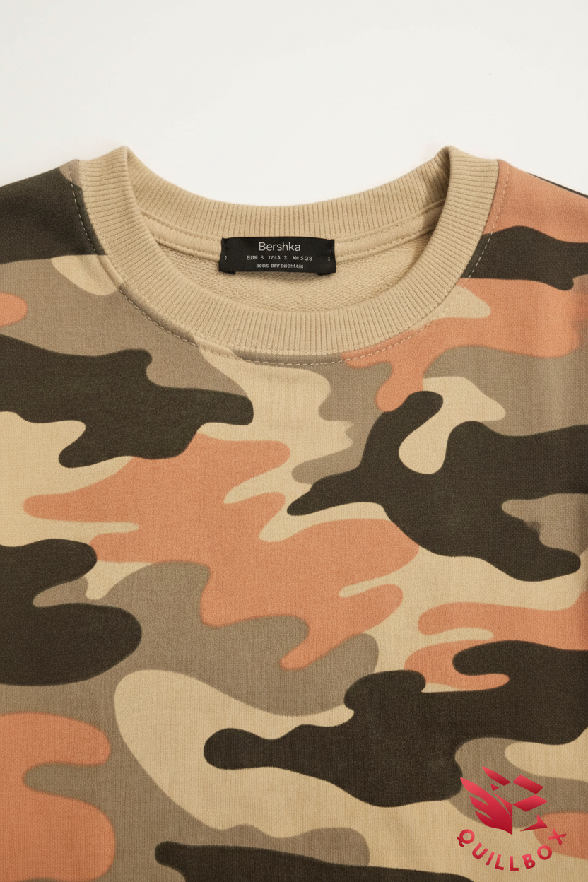 Vestido camo manga larga - detalle cuello fondo blanco