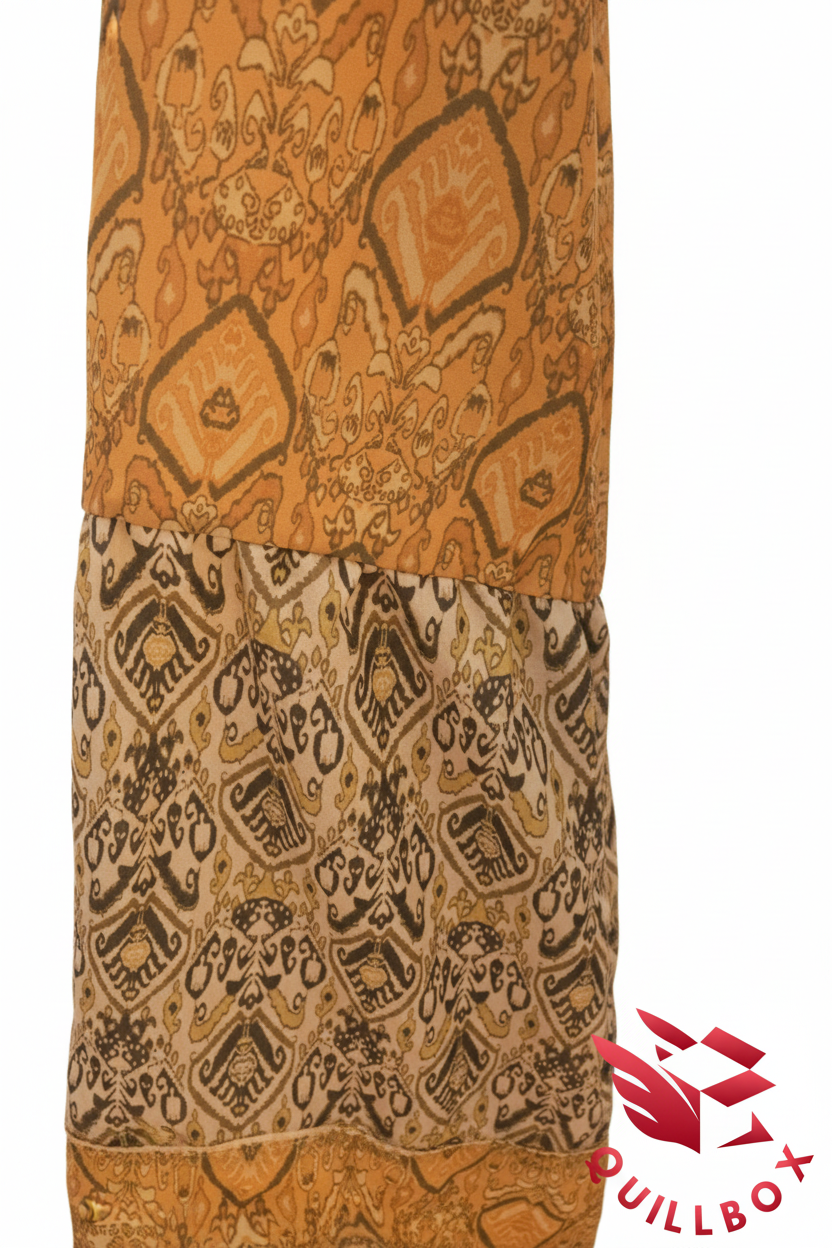 Macro detalle dos telas patchwork étnico ocre y crema vestido boho