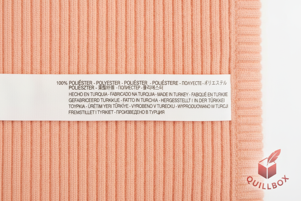 Etiqueta composición multiidioma 100% Poliéster Made in Turkey